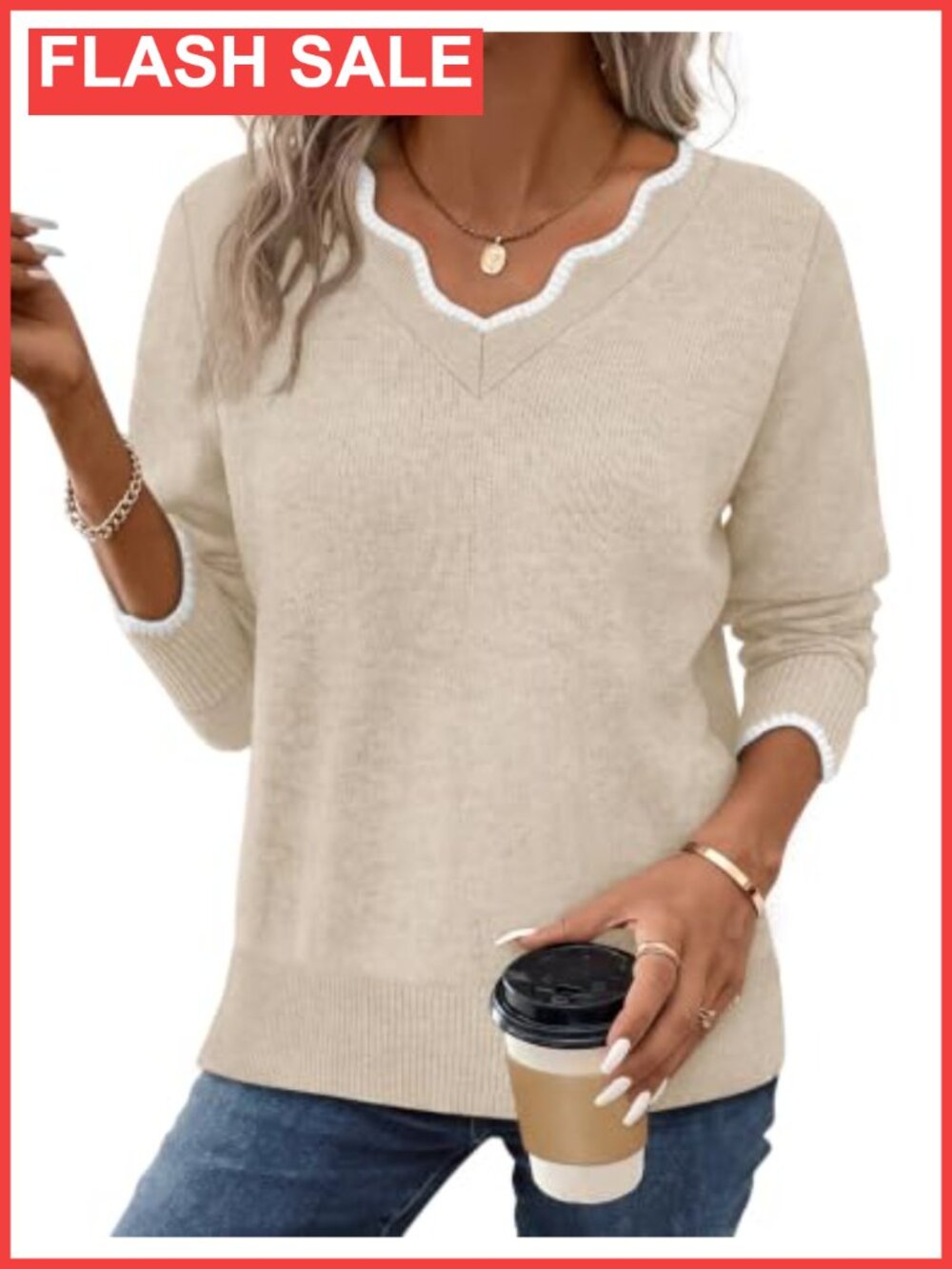 Womens V Neck Pullover Sweater Cozy Lightweight Long Sleeve Fall Top